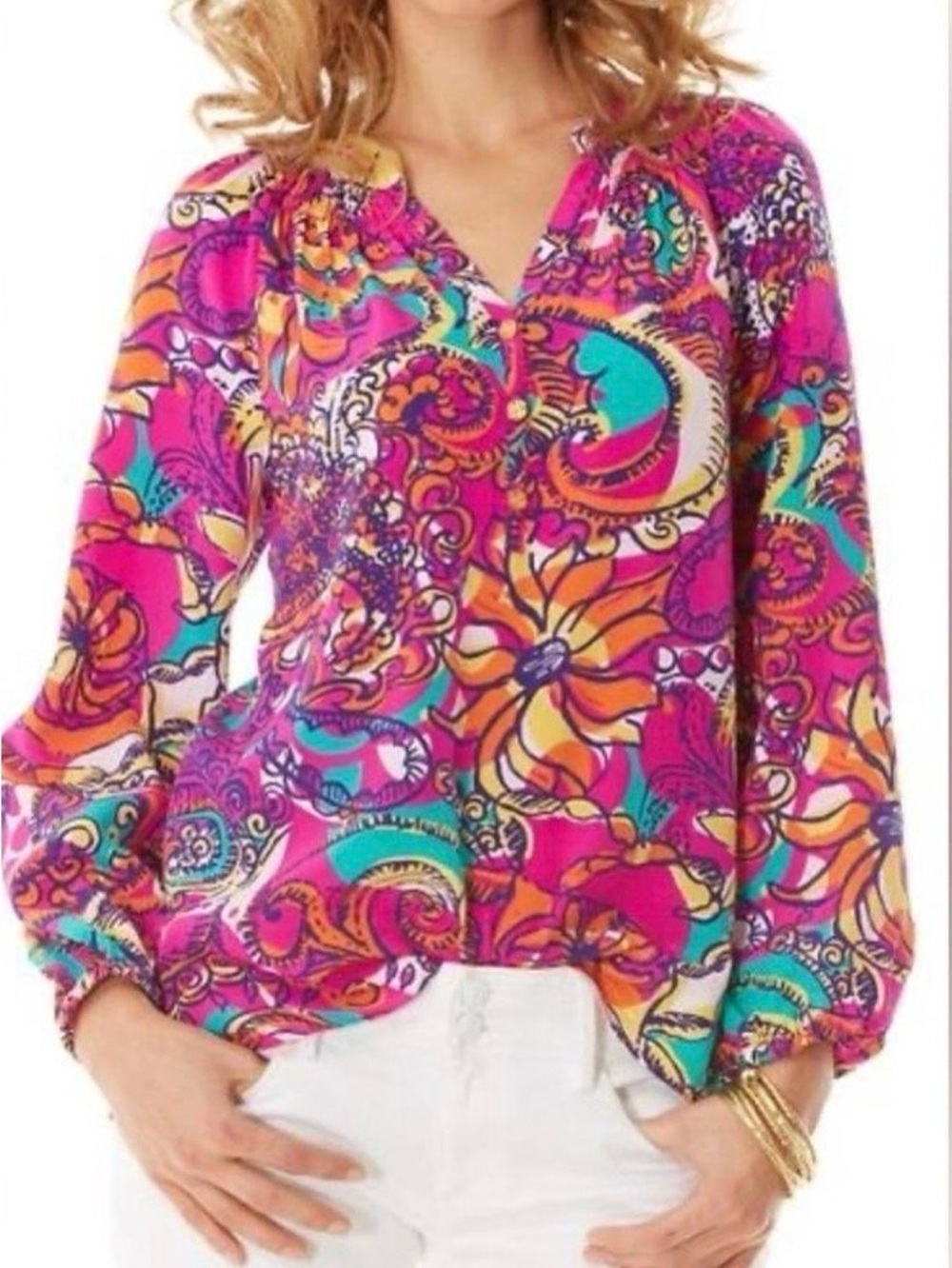 Lilly Pulitzer Pink, Teal & Yellow Paisley Floral Blouse